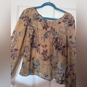 Xhilaration Beige Paisley Long-Sleeve Scoop Neck Blouse